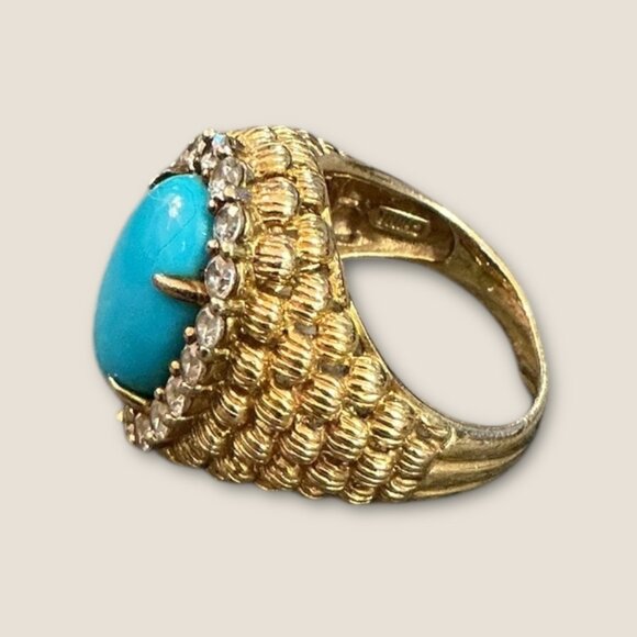 Vintage Signed 925 Turquoises Vermeil Gemstone Ring Size 6.5 - Picture 5 of 9